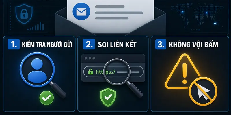 Ba bước kiểm tra email đáng ngờ gồm kiểm tra người gửi, soi liên kết và không vội bấm