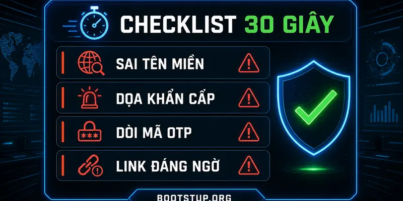 Checklist 30 giây nhận biết email lừa đảo với bốn cảnh báo sai tên miền, dọa khẩn cấp, đòi mã OTP và link đáng ngờ