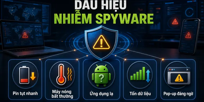 Dấu hiệu nhiễm spyware: pin tụt nhanh, máy nóng, ứng dụng lạ, tốn dữ liệu và pop-up đáng ngờ