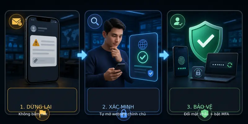 Quy trình ba bước dừng lại, xác minh và bảo vệ tài khoản sau khi gặp phishing