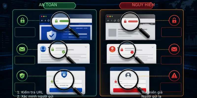 So sánh dấu hiệu an toàn và dấu hiệu phishing qua URL, người gửi và trang đăng nhập
