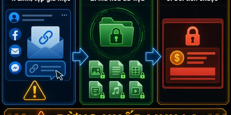 Sơ đồ ba bước tấn công ransomware từ link giả mạo đến đòi tiền chuộc