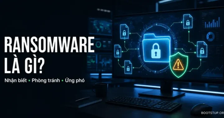 Ransomware là gì với thư mục bị khóa và lá chắn bảo mật