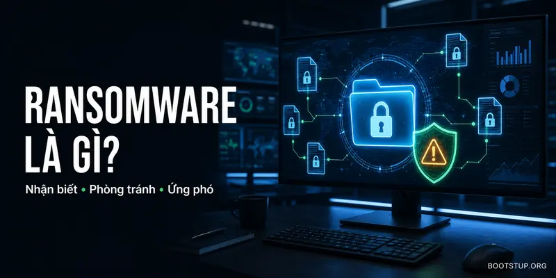 Ransomware là gì với thư mục bị khóa và lá chắn bảo mật
