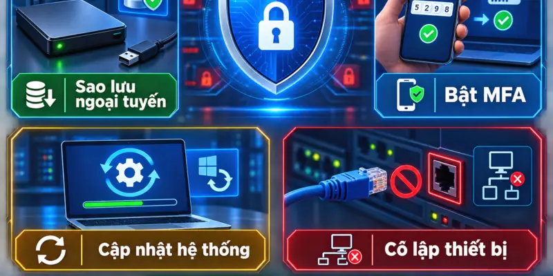 Checklist phòng chống ransomware gồm sao lưu ngoại tuyến, MFA, cập nhật và cô lập thiết bị
