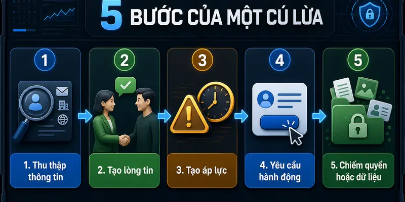 Infographic 5 bước của một cú lừa social engineering